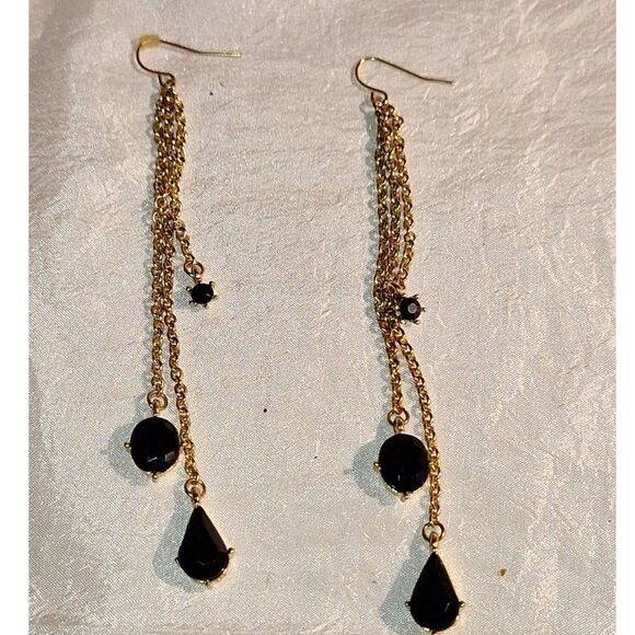 Women's Long Dangle Drop Earrings Gold Tone Chain Pierced Elegant Evening - Picture 1 of 6